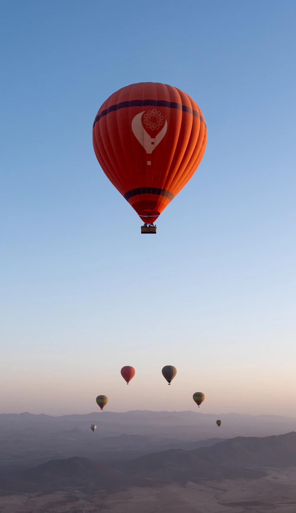 Hot-air balloons above an open landscape