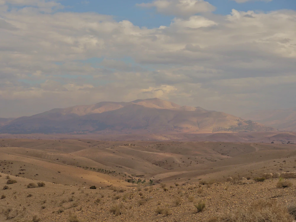 Rolling Agafay desert terrain with mountains in the distance