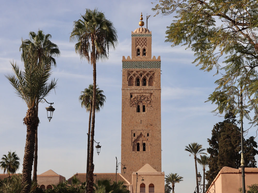 Koutoubia Mosque framed by palm trees in Marrakech